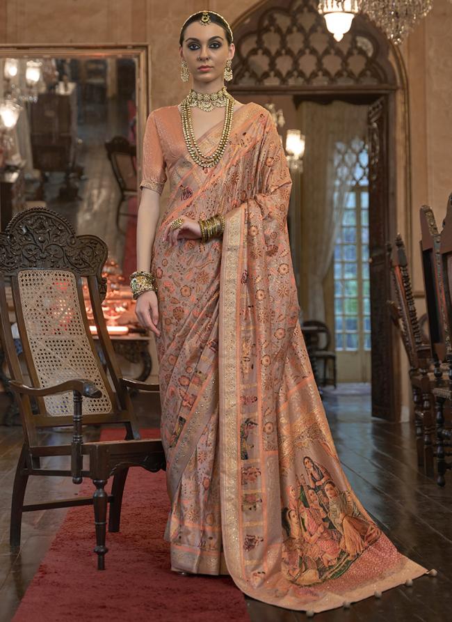 Patola Silk Peach Wedding Wear Printed Saree